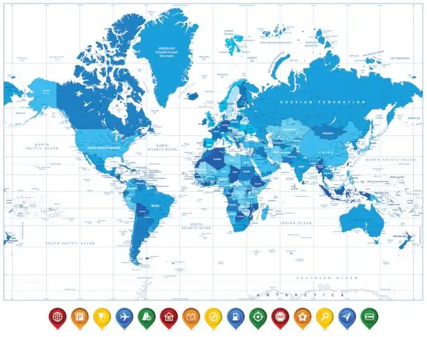 Vector illustration of World Map in colors of blue and colorful map pointers