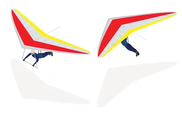 Vector illustration of Isometric Hang glider soaring the thermal updrafts suspended on a harness below the wing, isolated on white.