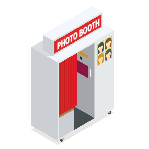 ilustraciones, imágenes clip art, dibujos animados e iconos de stock de cabina de la foto compacto isométrica. plano 3d isométrico ilustración. para juegos de infografía y diseño. diseño de foto realistas y plantilla. - photo booth
