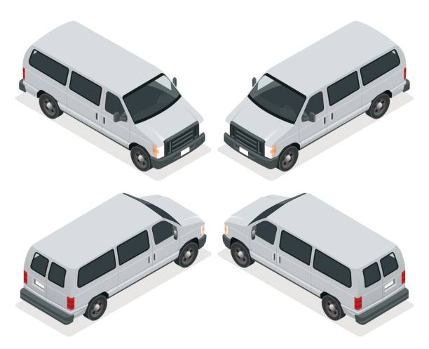 ilustraciones, imágenes clip art, dibujos animados e iconos de stock de conjunto de iconos comerciales van aislada sobre fondo blanco. plano 3d isométrico ilustración. infografía y diseño - mini van