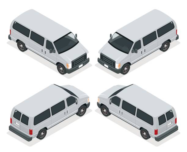 коммерческие значки фургона установлены изолированными на белом фоне. плоская 3d изометрическая иллюстрация. для инфографики и дизайна - van white truck mini van stock illustrations