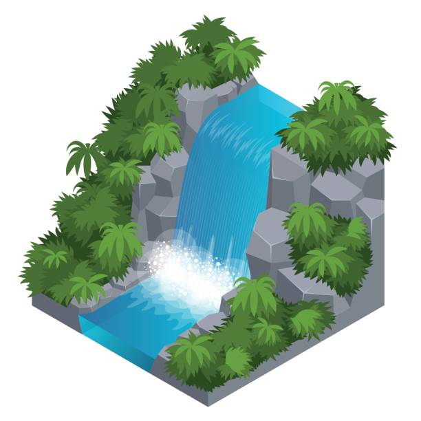 illustrazioni stock, clip art, cartoni animati e icone di tendenza di cascata nella foresta tropicale. crea la tua collezione di infografiche. illustrazione isometrica vettoriale - stream river water spring