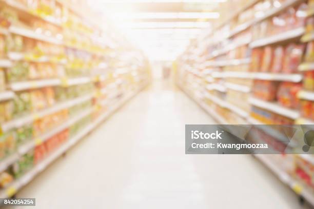 Empty Supermarket Aisle Shelves Abstract Blur Defocused Business Background Stock Photo - Download Image Now