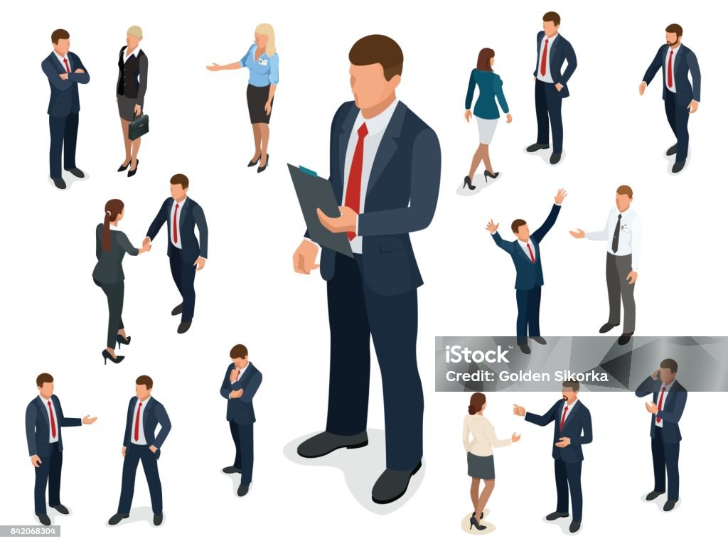 Isométrico conjunto de design de personagens de empresária e empresário. Homem de negócios isométrica de pessoas em diferentes poses isolado. - Vetor de Projeção isométrica royalty-free