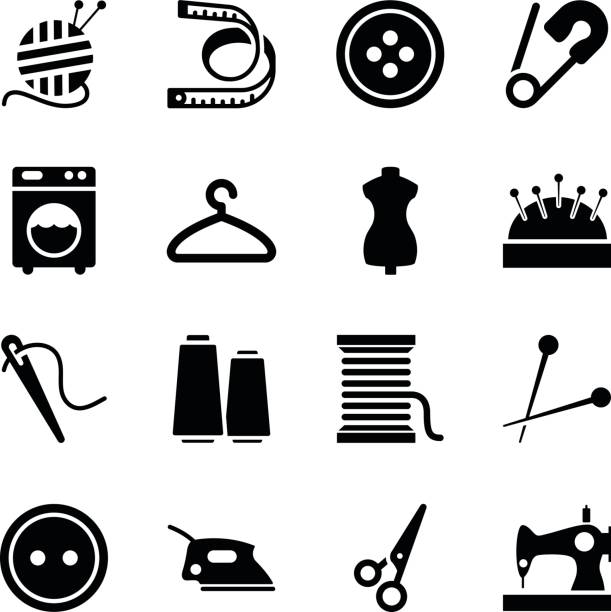 nähen icons - embroidery needlecraft product dress pattern stock-grafiken, -clipart, -cartoons und -symbole