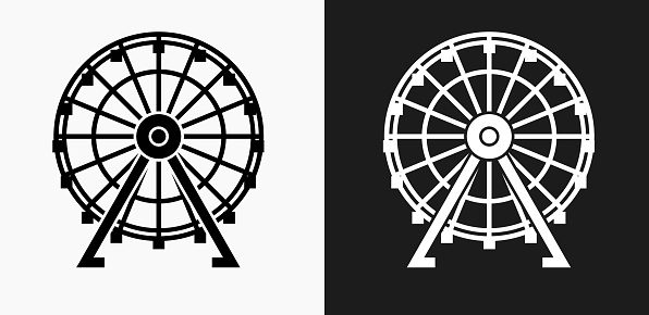 Ferris Wheel Icon on Black and White Vector Backgrounds. This vector illustration includes two variations of the icon one in black on a light background on the left and another version in white on a dark background positioned on the right. The vector icon is simple yet elegant and can be used in a variety of ways including website or mobile application icon. This royalty free image is 100% vector based and all design elements can be scaled to any size.