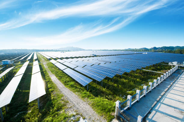 Multiple solar panels, pollution-free green energy base. stock photo