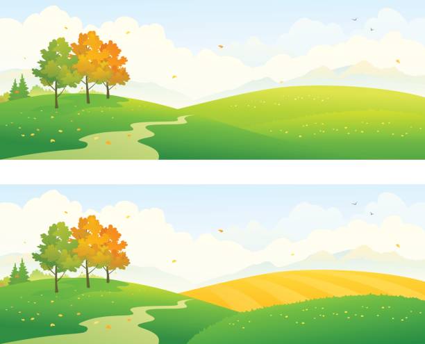 ilustraciones, imágenes clip art, dibujos animados e iconos de stock de campos de otoño panorámica - rolling landscape illustrations