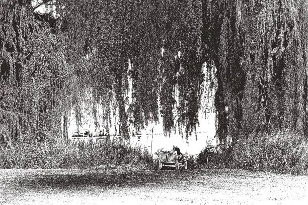 Vector illustration of Young woman resting on bench under a willow tree