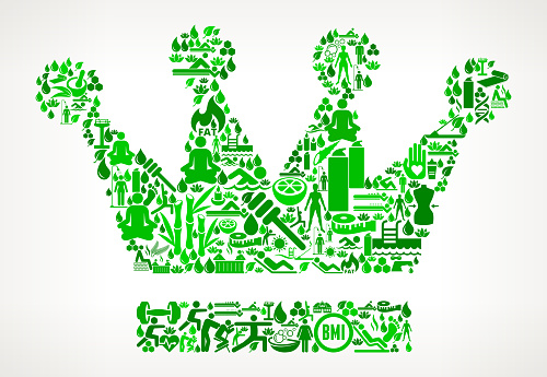 Crown  Health and Wellness Icon Set Background Pattern . This vector graphic composition features the main object composed of health and wellness icons. The icons vary in size and shades of green color. The vector icons form a seamless pattern to form the object. The background is white with a slight gradient. The icons include such popular healthcare and wellness icons as fitness, water, people exercising, massage, stretching, yoga and many more. You can use this entire composition or each icon can also be used separately and as not part of the icon set.