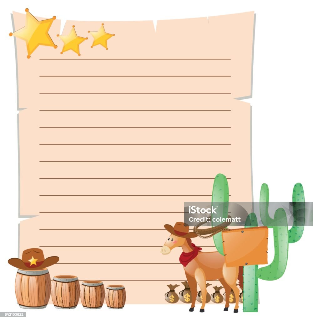 Paper template with horse in western town Paper template with horse in western town illustration Art stock vector