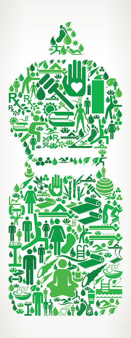 Fitness Bottle  Health and Wellness Icon Set Background Pattern . This vector graphic composition features the main object composed of health and wellness icons. The icons vary in size and shades of green color. The vector icons form a seamless pattern to form the object. The background is white with a slight gradient. The icons include such popular healthcare and wellness icons as fitness, water, people exercising, massage, stretching, yoga and many more. You can use this entire composition or each icon can also be used separately and as not part of the icon set.