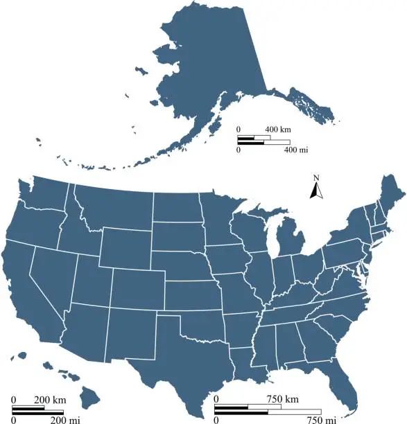 Vector illustration of USA map outline vector illustration with mileage and kilometer scales in blue background