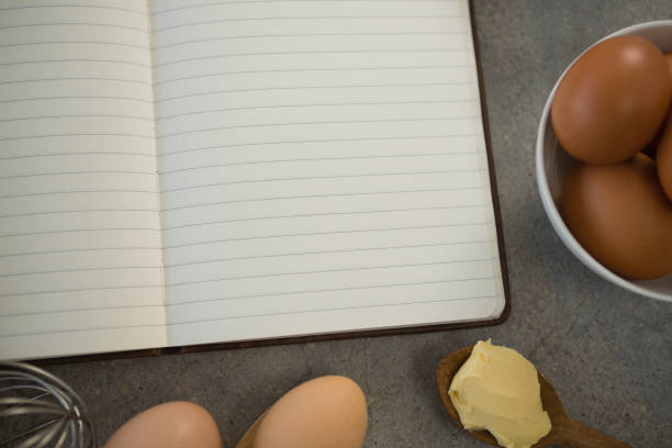 istock Close up of eggs by open book 842105046