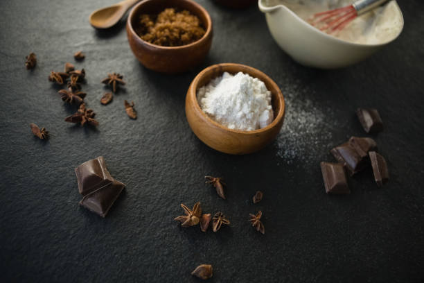 istock High angle view of flour with spice and chocolate bars 842105056