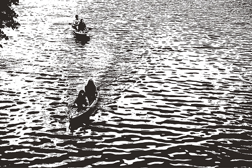 Mezzotint illustration of friends Canoeing on a beautiful lake