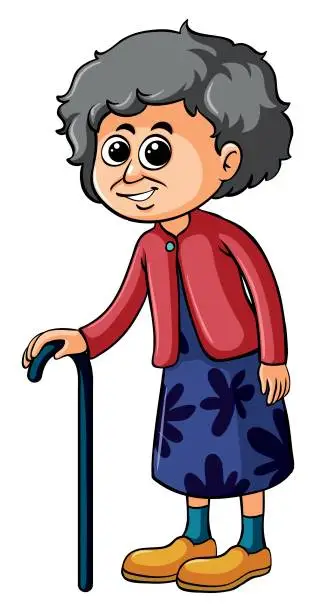 Vector illustration of Old lady with walking stick