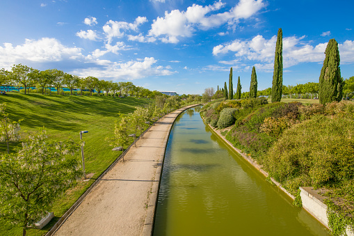 landscape of waterway in public park named Juan Carlos, in Madrid city, Spain