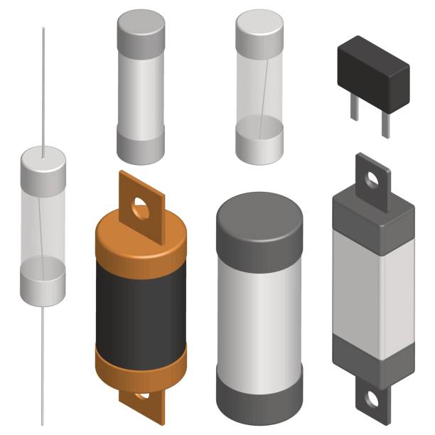 Set of different fuses in 3D, vector illustration. Set of fuses of different shapes isolated on white background. Elements design of electronic components. 3D isometric style, vector illustration. electrical fuse stock illustrations