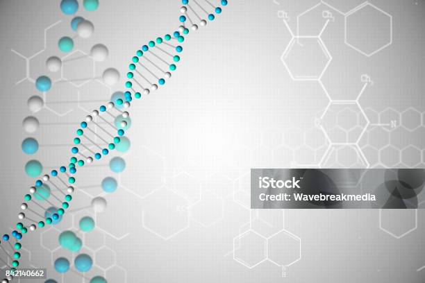 Dna Helix In Blue With Chemical Structures Stock Photo - Download Image Now - Biochemistry, Biology, Blue