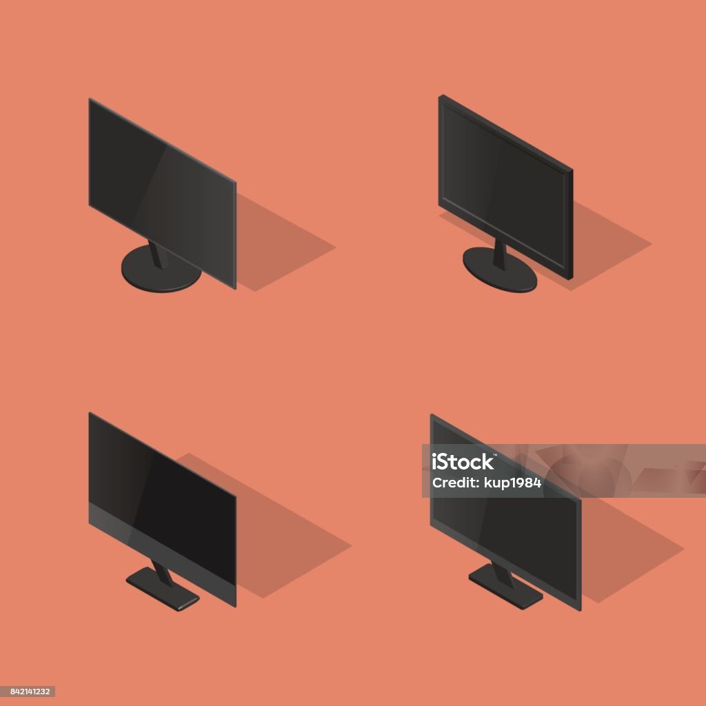 Set of flat monitors in 3D, vector illustration. Set of icons, collection of various computer monitors, isolated on yellow background. Element design of digital devices. Flat 3d isometric style, vector illustration. Black Color stock vector
