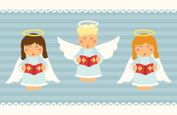 słodkie ręcznie rysowane śpiewające świąteczne postacie aniołów - christmas singing music star shape stock illustrations
