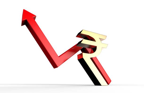 istock Upwards growth arrow with Rupee sign. Indian Rupee growth concept. 3d rendering. 842164416