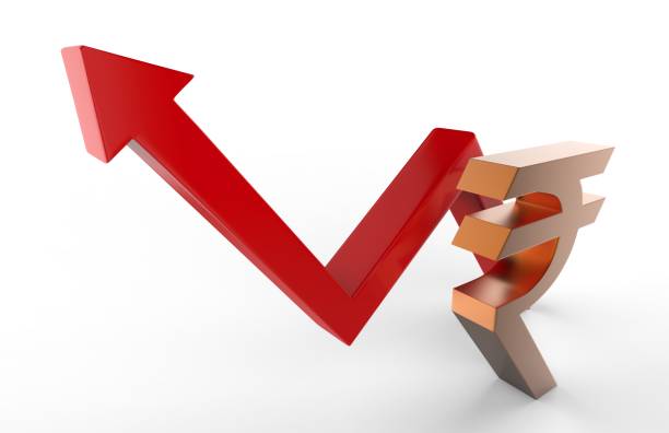 istock Upwards growth arrow with Rupee sign. Indian Rupee growth concept. 3d rendering. 842165540