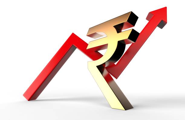 istock Upwards growth arrow with Rupee sign. Indian Rupee growth concept. 3d rendering. 842166540