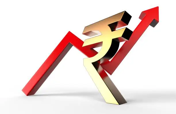Photo of Upwards growth arrow with Rupee sign. Indian Rupee growth concept. 3d rendering.