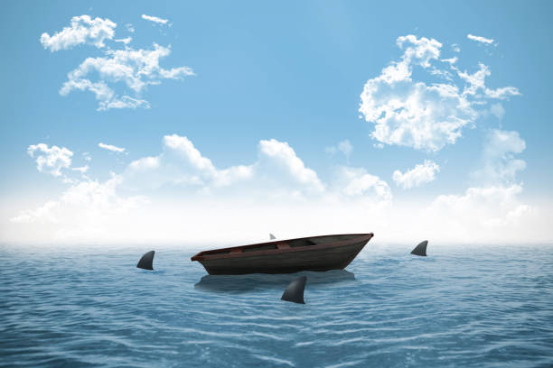 istock Sharks circling small boat in the ocean 842166764