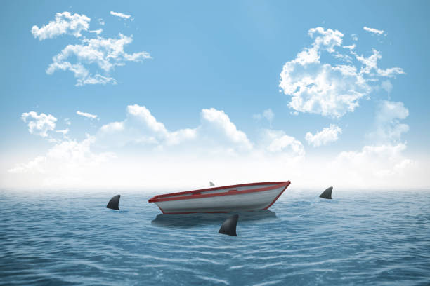 istock Sharks circling small boat in the ocean 842166768
