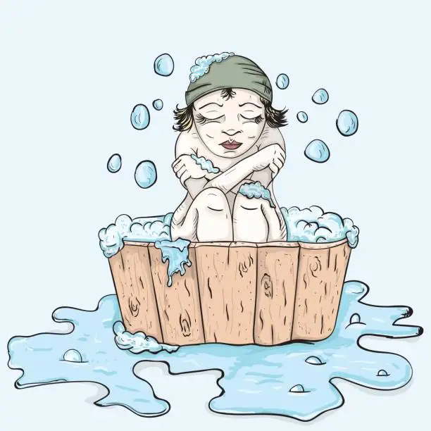 Vector illustration of the girl in the bathing basin froze