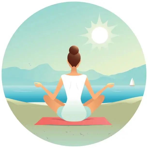 Vector illustration of Young woman doing yoga on the beach
