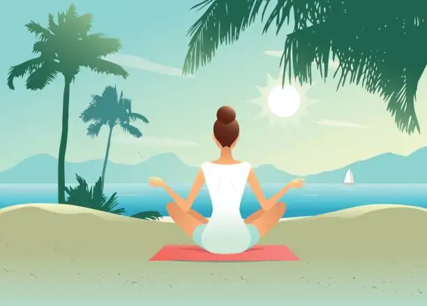 Vector illustration of Young woman doing yoga on the beach