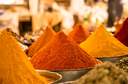 Multi colored spices at the local markets in marakesh morocco