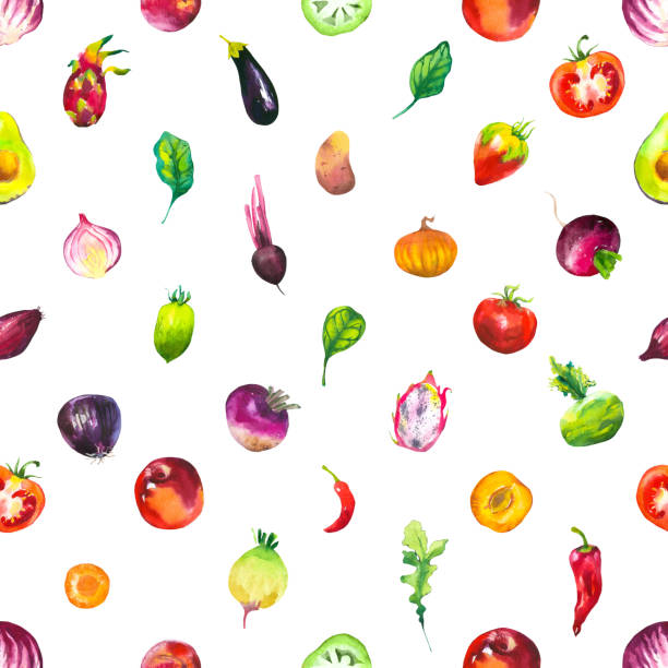 акварея иллюстрация с сельскохозяйственными овощами. бесшовный узор на белом фоне. набор из помидоров, баклажанов, перца, абрикоса, персика - white background green pattern tomato stock illustrations