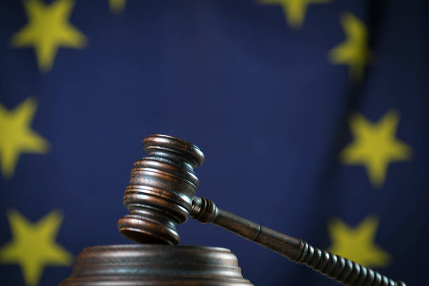 istock Law and Justice symbols. EU flag background. 842199434