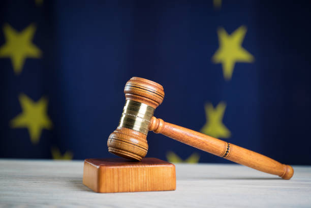istock Law and Justice symbols. EU flag background. 842199452