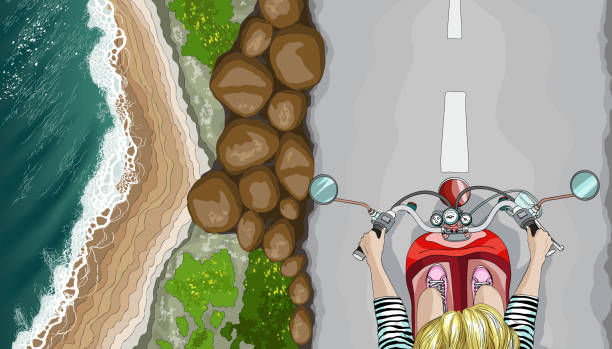 ilustrações de stock, clip art, desenhos animados e ícones de woman on bike in the seaside environment, top view - road top view