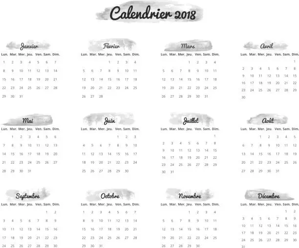 Vector illustration of 2018 year calendar in french black and white with watercolor strokes decorations vector illustration.