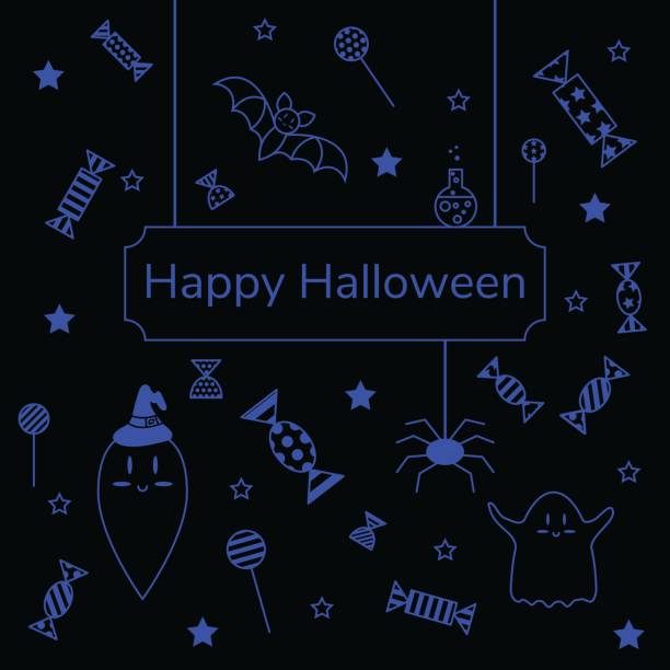 ベクトル イラスト。フレーム ハッピーハロウィン。幽霊、キャンディ、クモ、コウモリ、星、帽子やフラスコの背景 - pattern backgrounds blue black点のイラスト素材／クリップアート素材／マンガ素材／アイコン素材