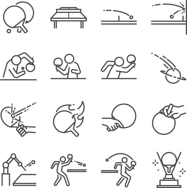 ilustrações, clipart, desenhos animados e ícones de conjunto de ícones de linha de ping-pong. incluídos os ícones como bola, raquete, tênis de mesa, jogador, serve, defensor, ténis de mesa e muito mais. - forehand