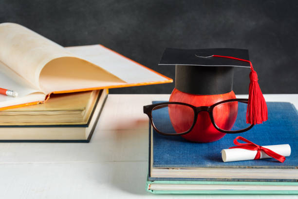 istock Apple Knowledge Symbol and Pencil Books on the desk with board background.Education concept school 842225414