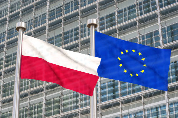 Poland and European flags waving in the wind (3D rendered) stock photo