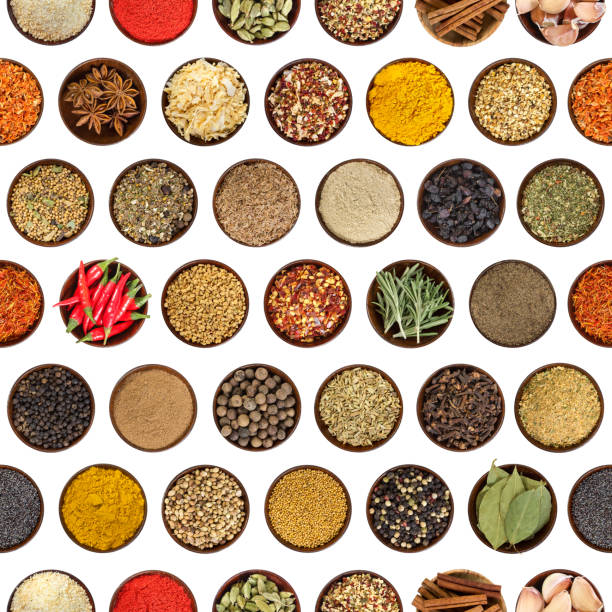 istock Seamless pattern with different spices in round wooden bowl 842231708