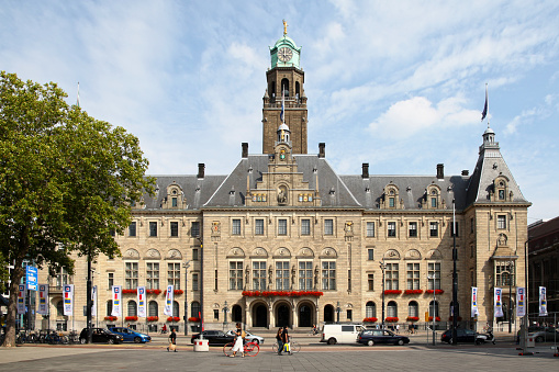Rotterdam, Netherlands - August 26 2017: The city hall of Rotterdam was built between 1914 and 1920 on a design by Henri Evers. It is one of the few buildings in the center of Rotterdam, which the bombing of May 14, 1940 have spared.