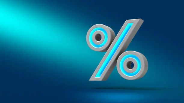 Photo of 3D rendering neon percent sign isolated on blue background.