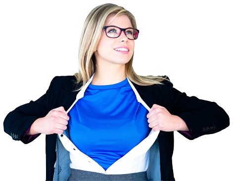 Businesswoman opening her shirt superhero style on white background