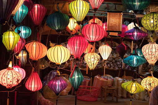 Colorful traditional lanterns on display in store